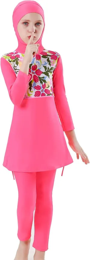 ODIZLI Kids Girls' Rash Guard Sets Islamic Hijab Swimwear Muslim Modest Long Sleeves Shorts Pants Beachwear Hoodie Hat 2 PCS