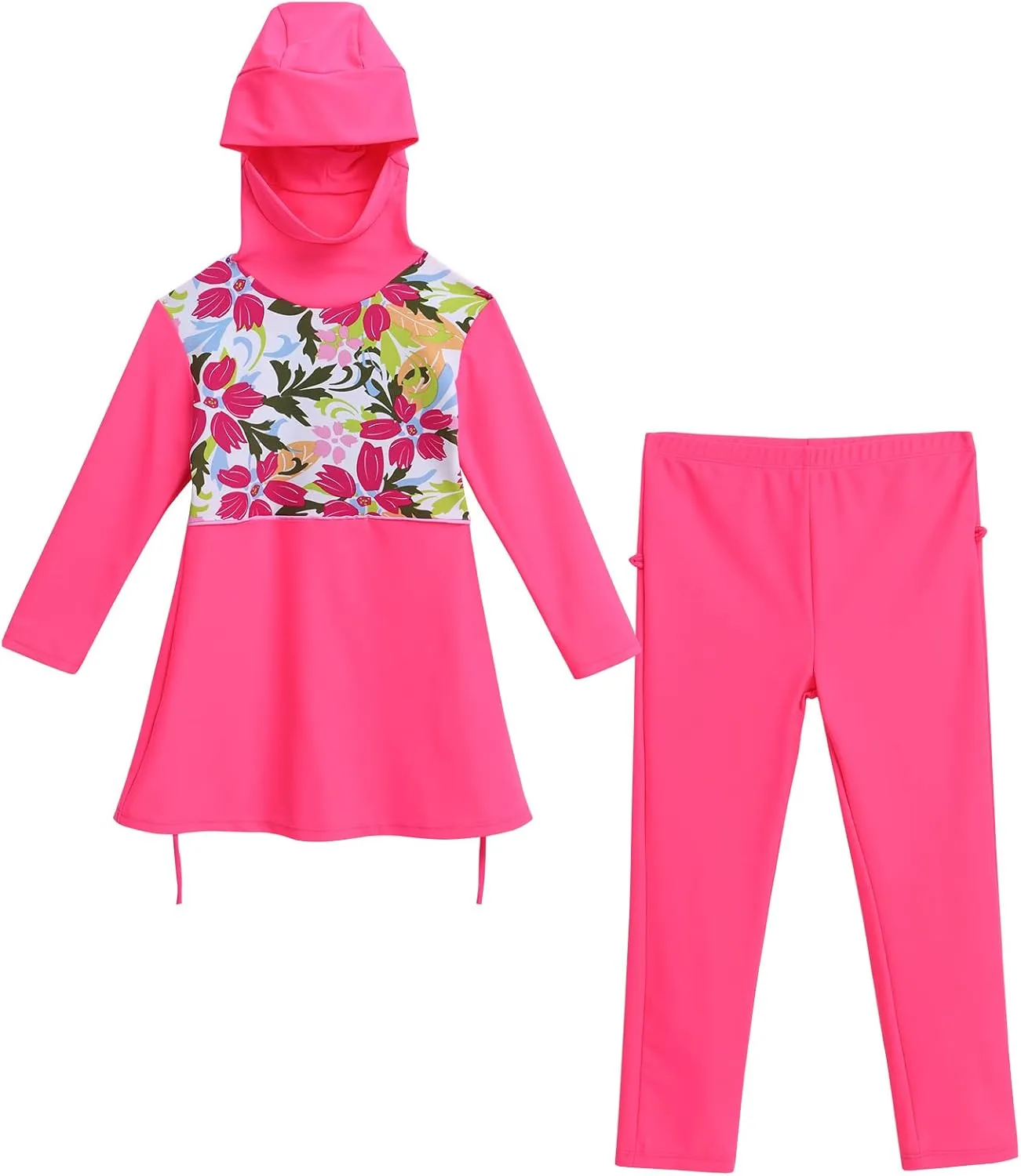 ODIZLI Kids Girls' Rash Guard Sets Islamic Hijab Swimwear Muslim Modest Long Sleeves Shorts Pants Beachwear Hoodie Hat 2 PCS