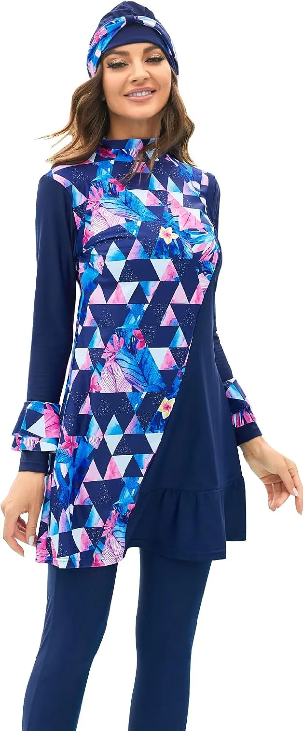 ODIZLI Women Modest Muslim Swimsuit Full Coverage Swimwear Islamic Hijab Swimming Burkini Swim Suit Solid Color