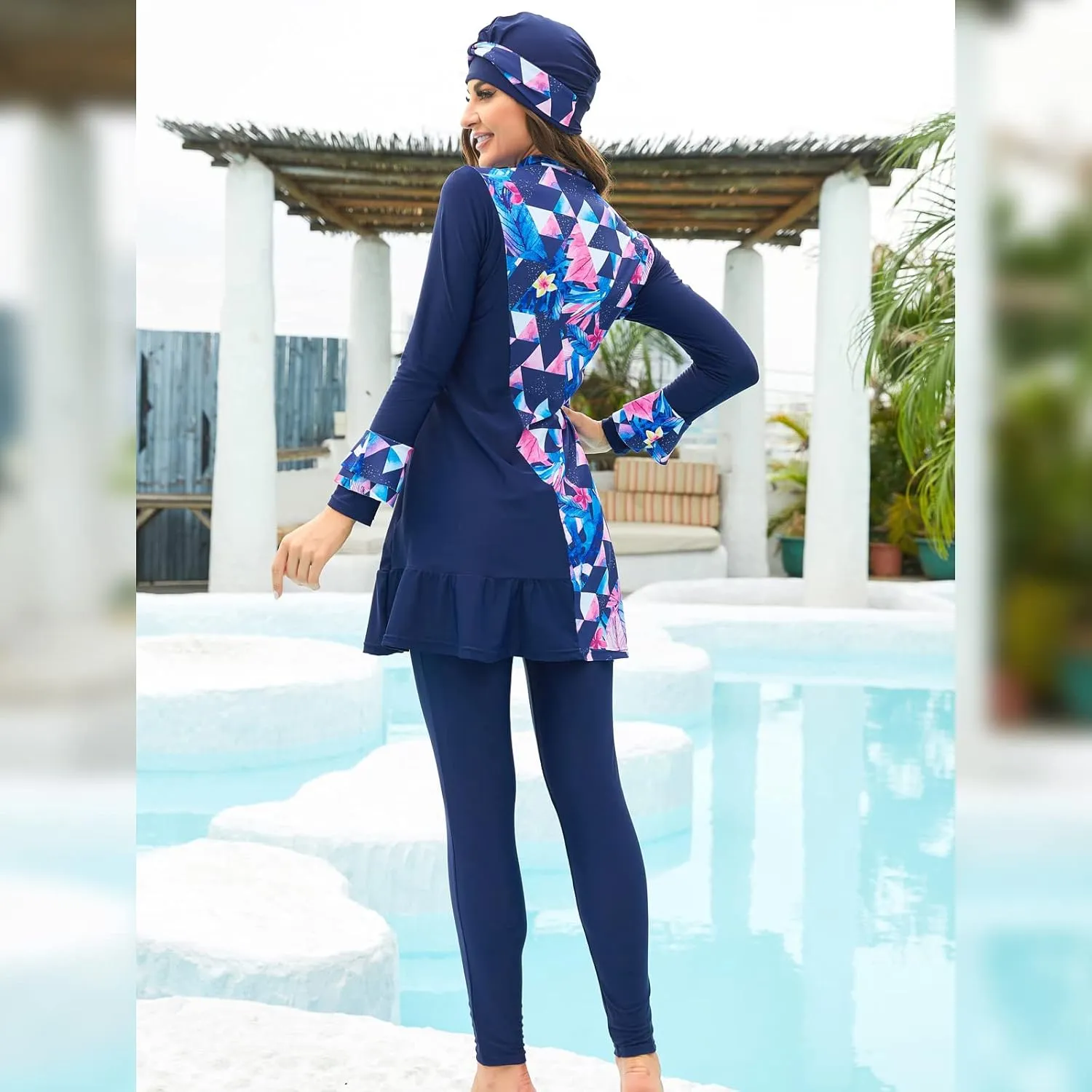 ODIZLI Women Modest Muslim Swimsuit Full Coverage Swimwear Islamic Hijab Swimming Burkini Swim Suit Solid Color