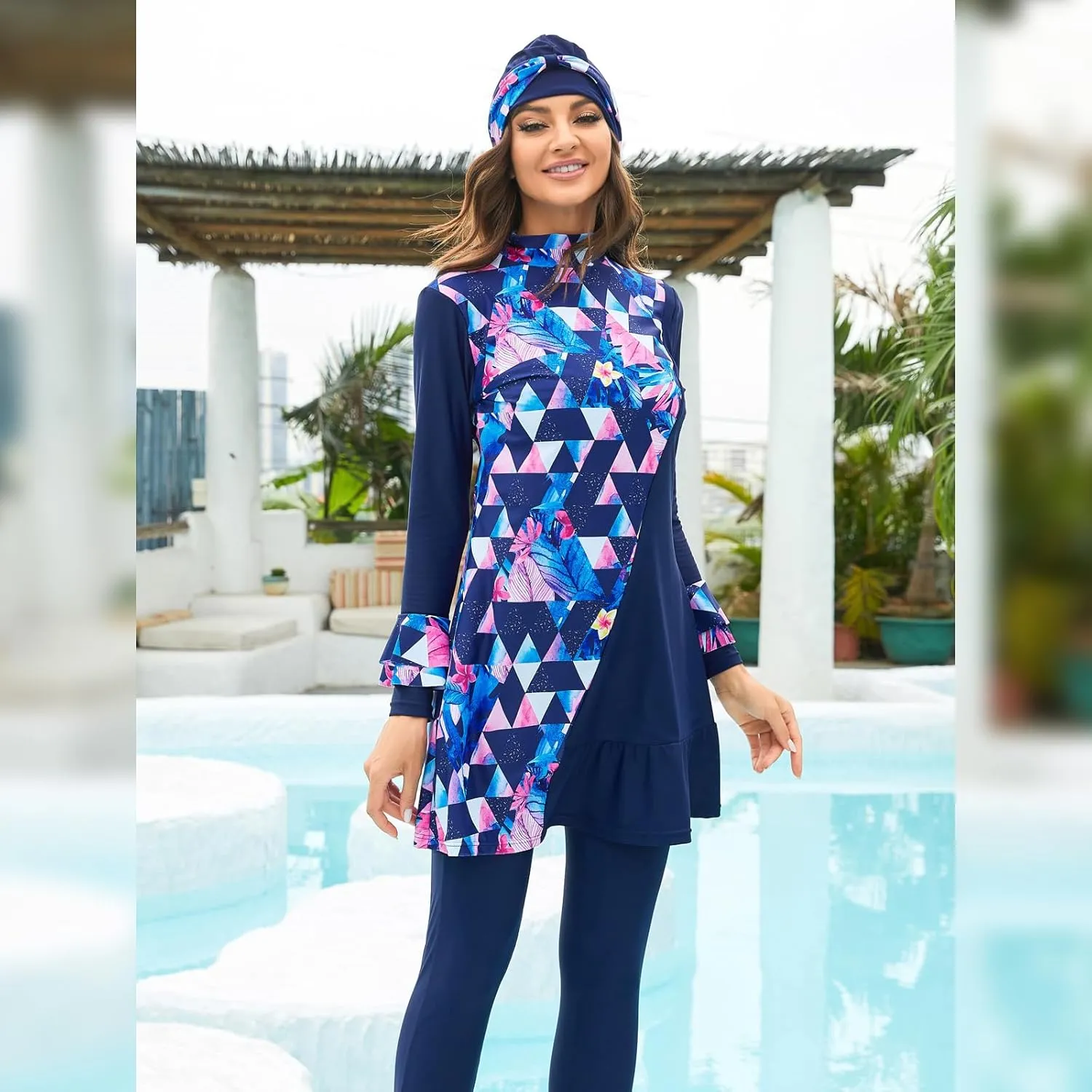 ODIZLI Women Modest Muslim Swimsuit Full Coverage Swimwear Islamic Hijab Swimming Burkini Swim Suit Solid Color