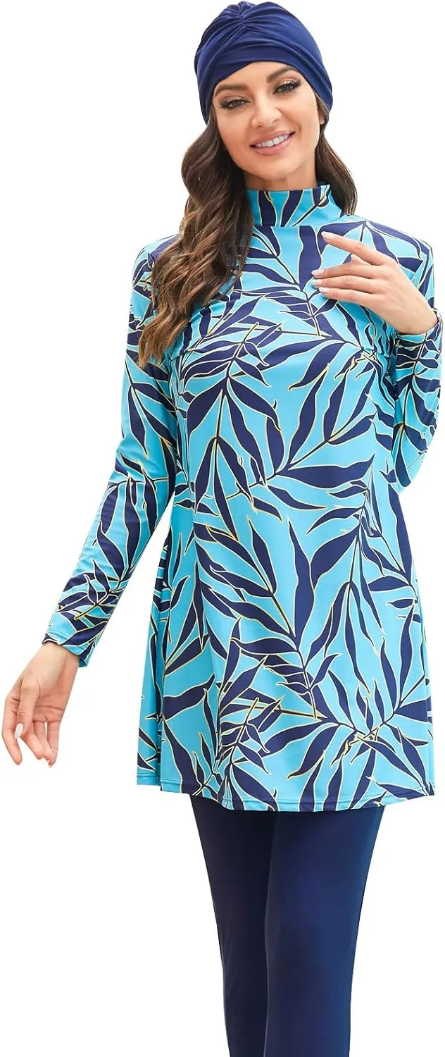 ODIZLI Women Modest Muslim Swimsuit Full Coverage Swimwear Islamic Hijab Swimming Burkini Swim Suit Solid Color