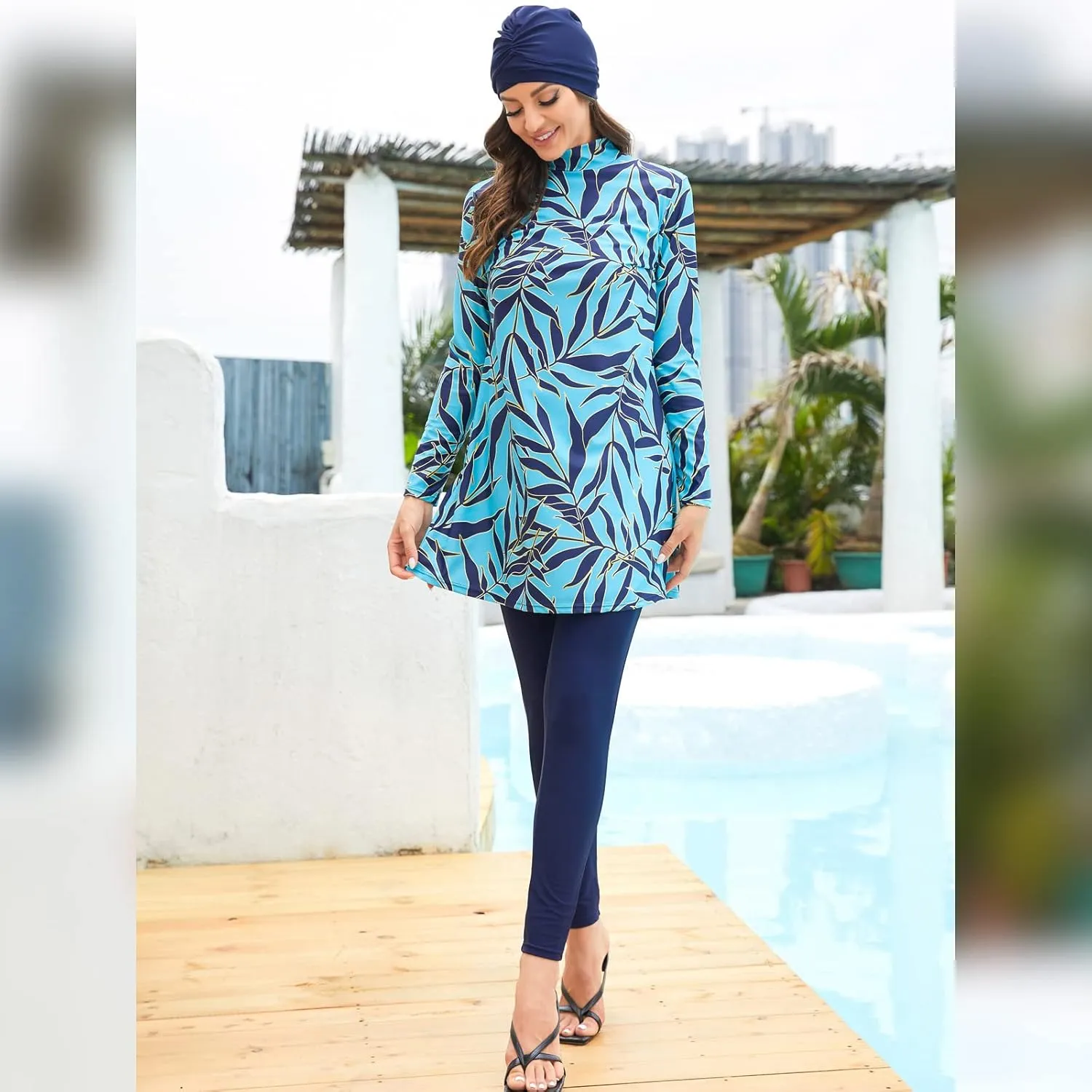 ODIZLI Women Modest Muslim Swimsuit Full Coverage Swimwear Islamic Hijab Swimming Burkini Swim Suit Solid Color
