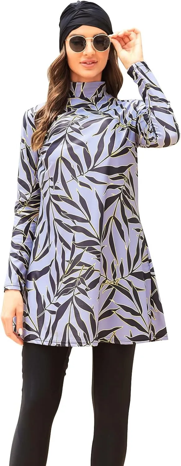 ODIZLI Women Modest Muslim Swimsuit Full Coverage Swimwear Islamic Hijab Swimming Burkini Swim Suit Solid Color
