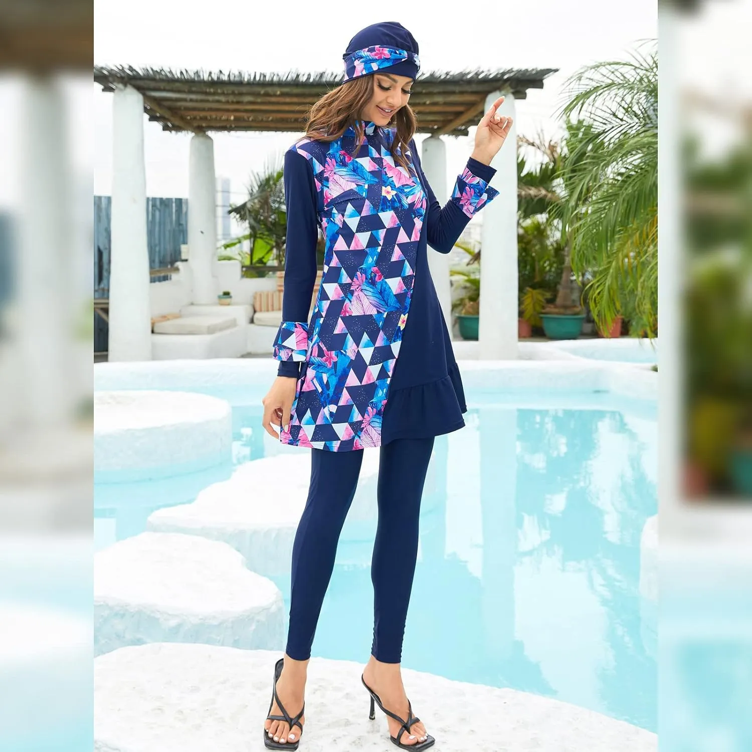 ODIZLI Women Modest Muslim Swimsuit Full Coverage Swimwear Islamic Hijab Swimming Burkini Swim Suit Solid Color