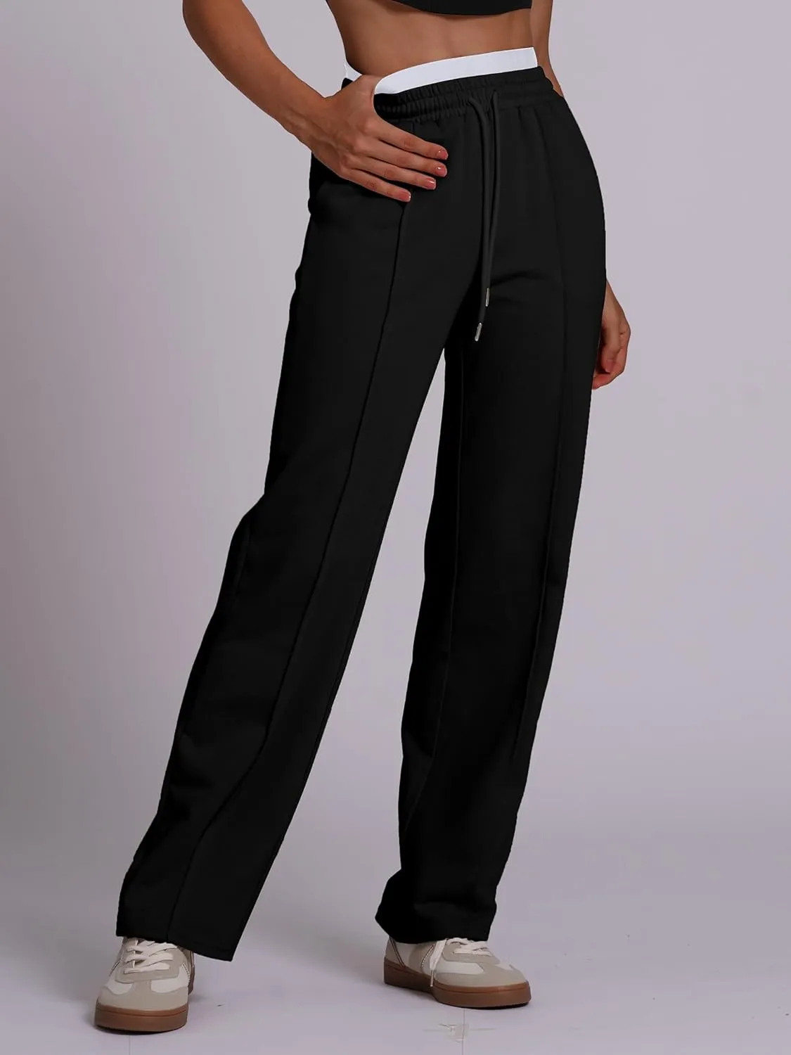 ODIZLI Women's High Waist Drawstring Contrast Panel Straight Leg Pants with Pockets Jogger Active Pants Lounge Trousers