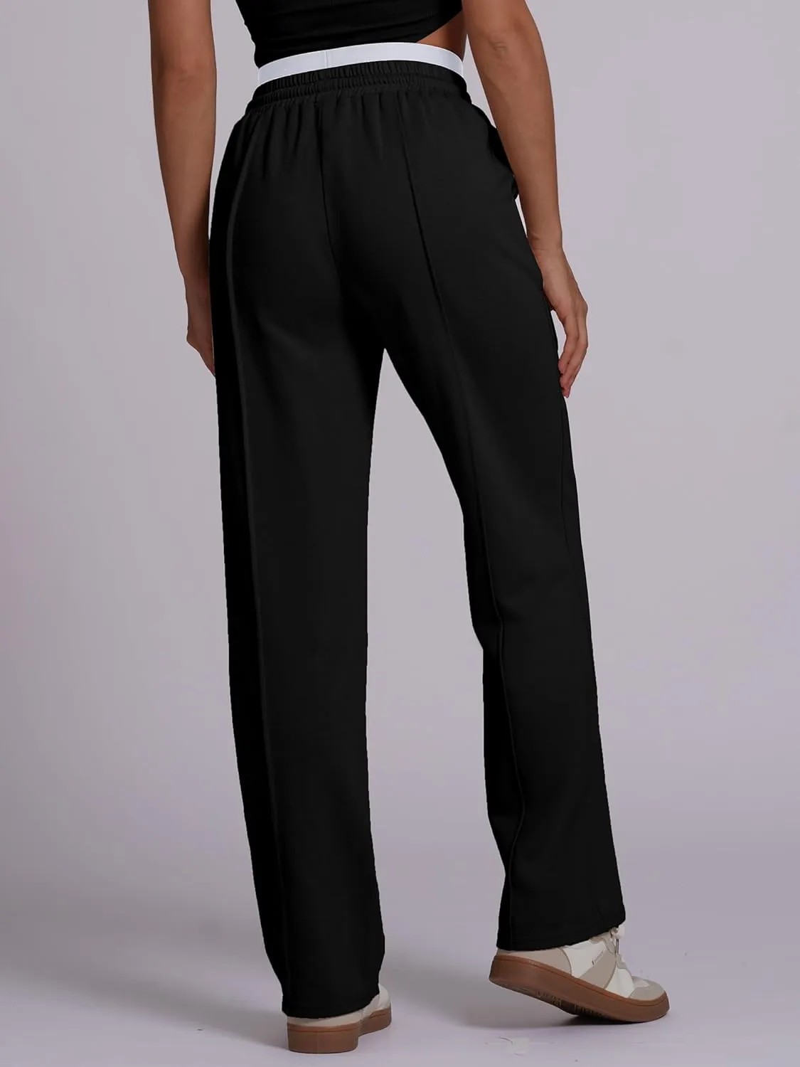 ODIZLI Women's High Waist Drawstring Contrast Panel Straight Leg Pants with Pockets Jogger Active Pants Lounge Trousers
