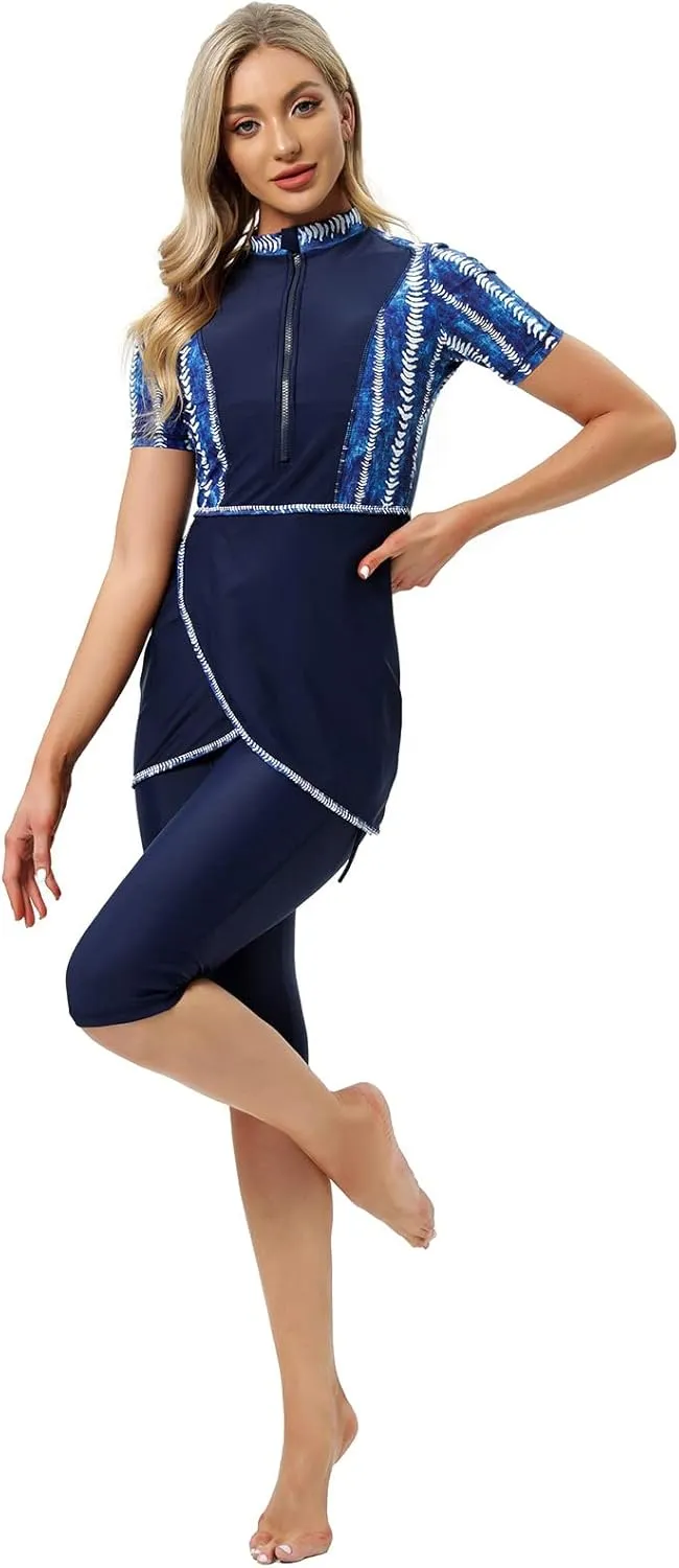 ODIZLI Womens' Swimsuit 3 Pieces Full Cover Hijab Burkini Muslim Swimwear Short Sleeve