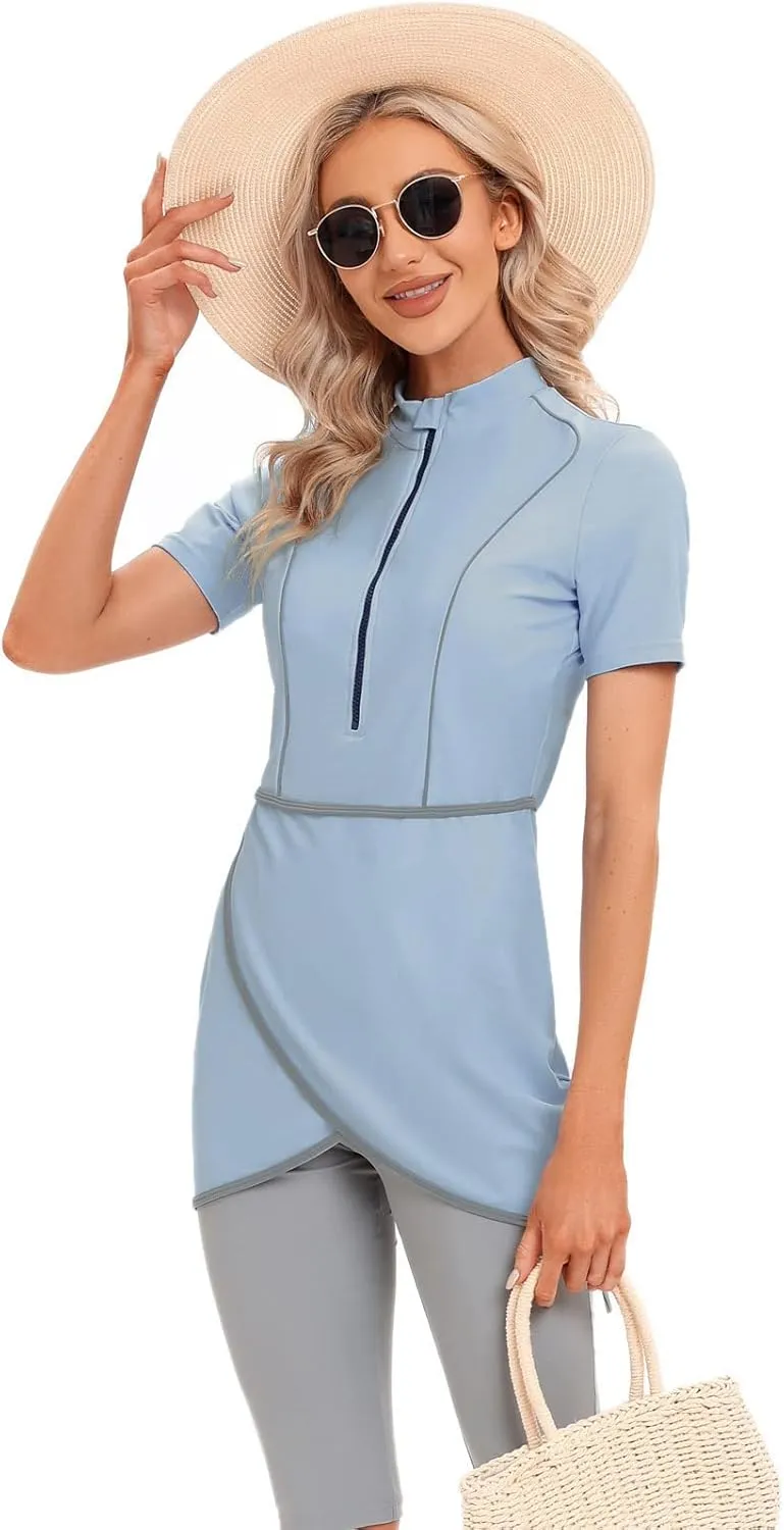 ODIZLI Womens' Swimsuit 3 Pieces Full Cover Hijab Burkini Muslim Swimwear Short Sleeve
