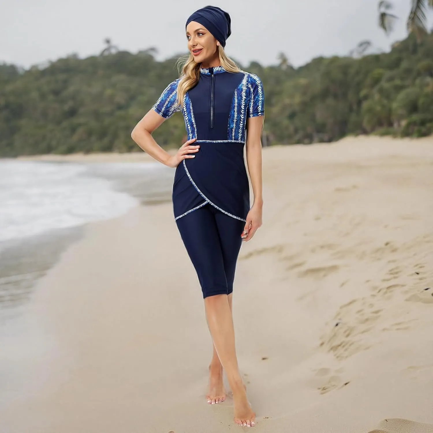 ODIZLI Womens' Swimsuit 3 Pieces Full Cover Hijab Burkini Muslim Swimwear Short Sleeve