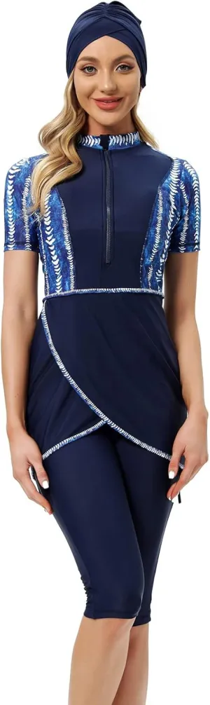 ODIZLI Womens' Swimsuit 3 Pieces Full Cover Hijab Burkini Muslim Swimwear Short Sleeve
