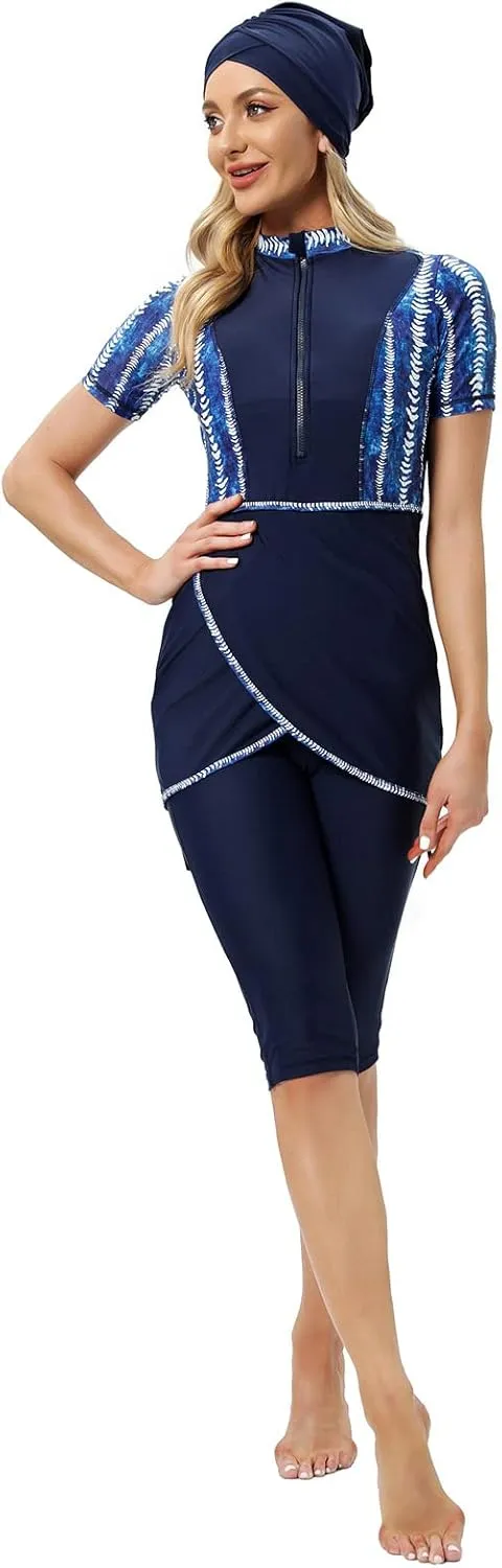ODIZLI Womens' Swimsuit 3 Pieces Full Cover Hijab Burkini Muslim Swimwear Short Sleeve