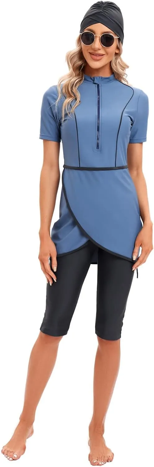 ODIZLI Womens' Swimsuit 3 Pieces Full Cover Hijab Burkini Muslim Swimwear Short Sleeve