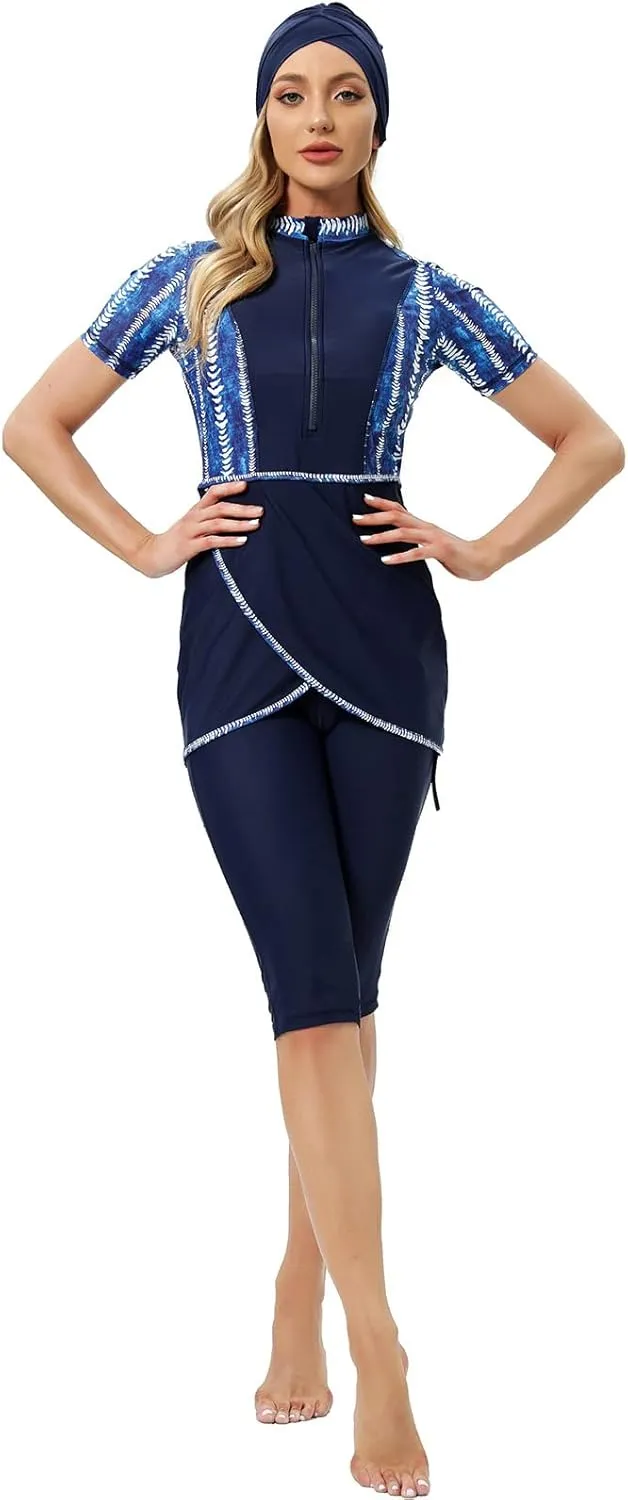 ODIZLI Womens' Swimsuit 3 Pieces Full Cover Hijab Burkini Muslim Swimwear Short Sleeve
