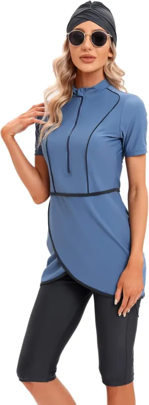 ODIZLI Womens' Swimsuit 3 Pieces Full Cover Hijab Burkini Muslim Swimwear Short Sleeve
