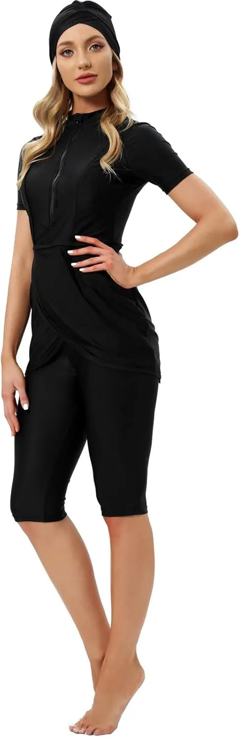 ODIZLI Womens' Swimsuit 3 Pieces Full Cover Hijab Burkini Muslim Swimwear Short Sleeve