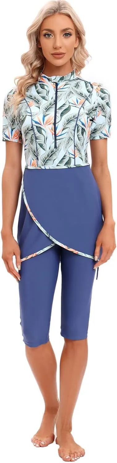ODIZLI Womens' Swimsuit 3 Pieces Full Cover Hijab Burkini Muslim Swimwear Short Sleeve