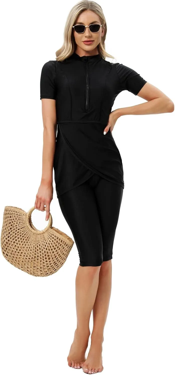 ODIZLI Womens' Swimsuit 3 Pieces Full Cover Hijab Burkini Muslim Swimwear Short Sleeve