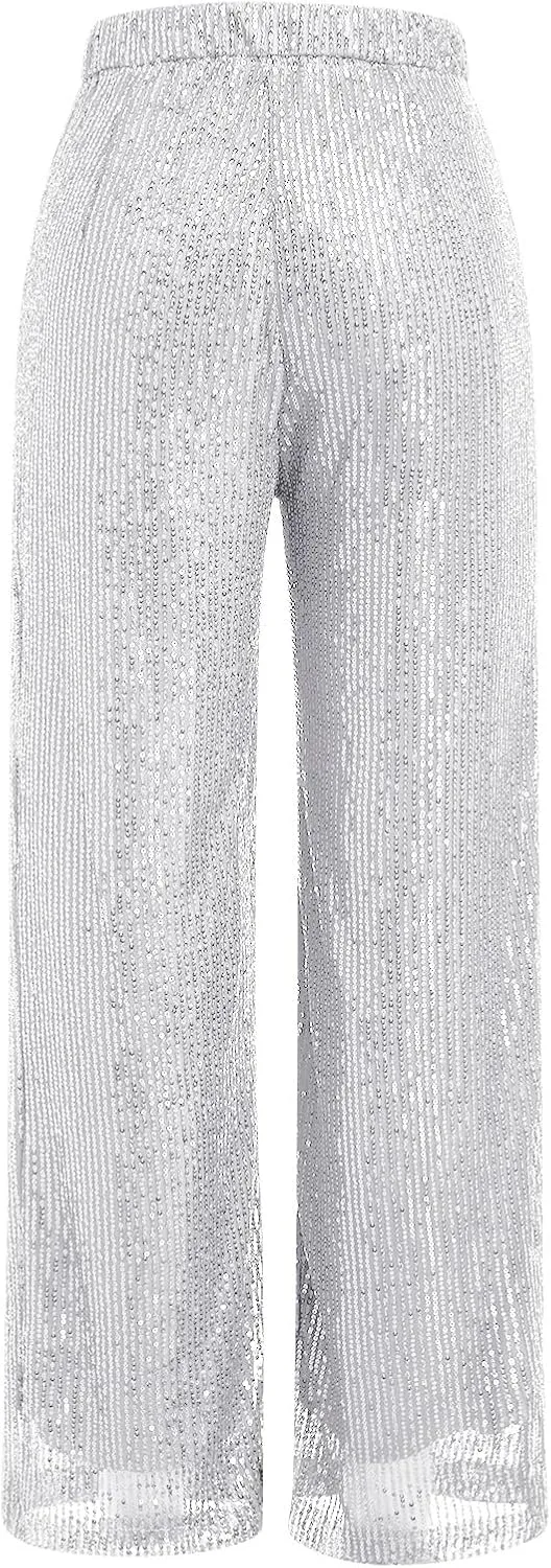 ODIZLI Womens Wide Leg Sparkle Sequin Pants Elastic High Waisted Bling Glitter Dance Pants