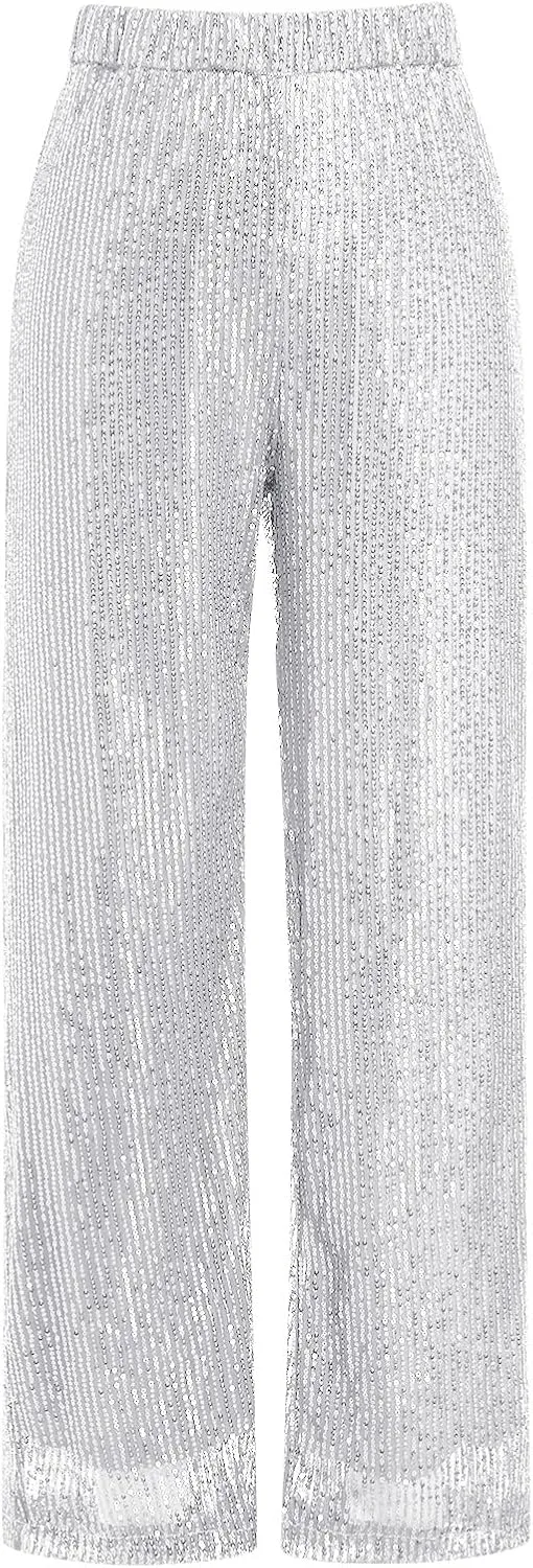 ODIZLI Womens Wide Leg Sparkle Sequin Pants Elastic High Waisted Bling Glitter Dance Pants