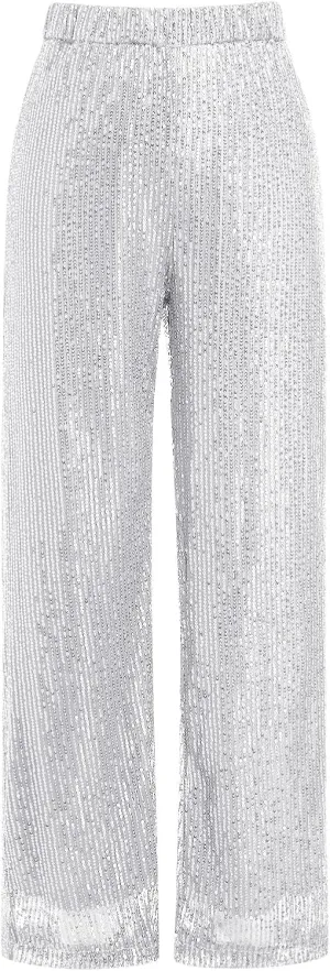 ODIZLI Womens Wide Leg Sparkle Sequin Pants Elastic High Waisted Bling Glitter Dance Pants