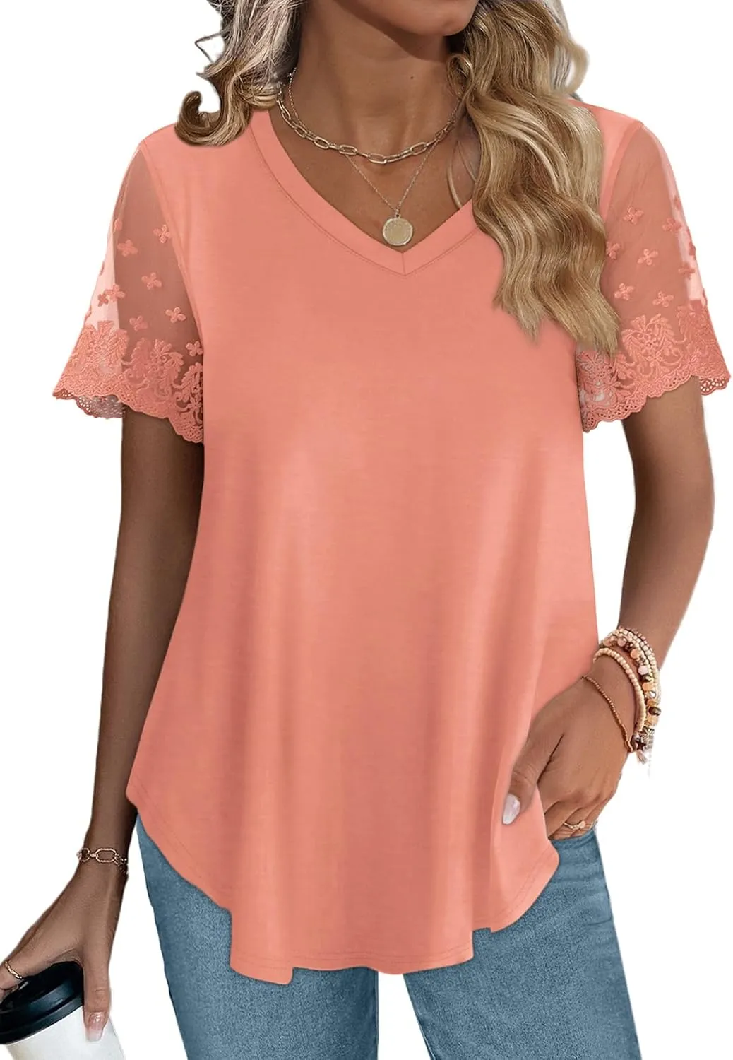 OFEEFAN Casual V Neck T Shirts for Women Lace Short Sleeve Curved Hem Tops Loose Fit