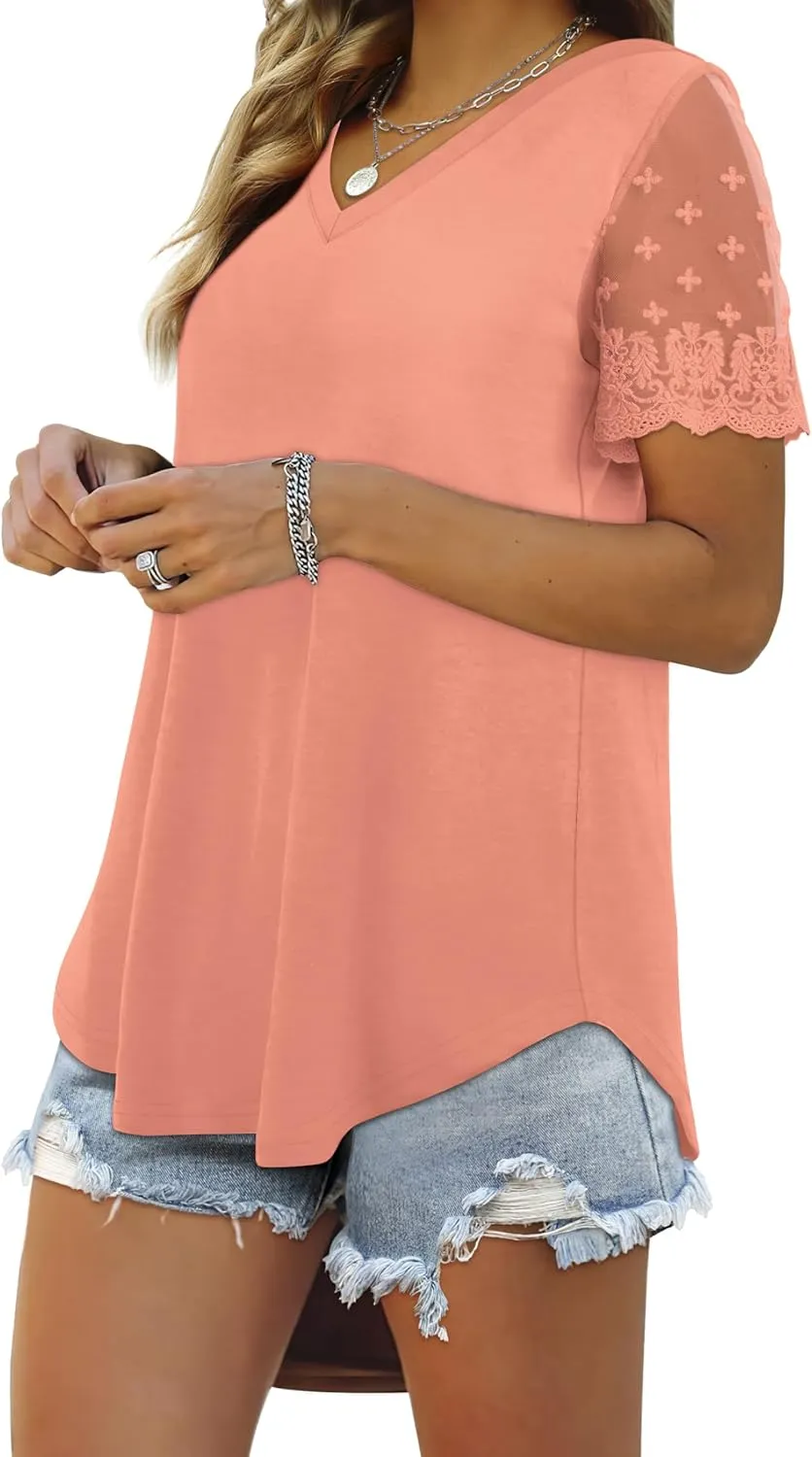 OFEEFAN Casual V Neck T Shirts for Women Lace Short Sleeve Curved Hem Tops Loose Fit