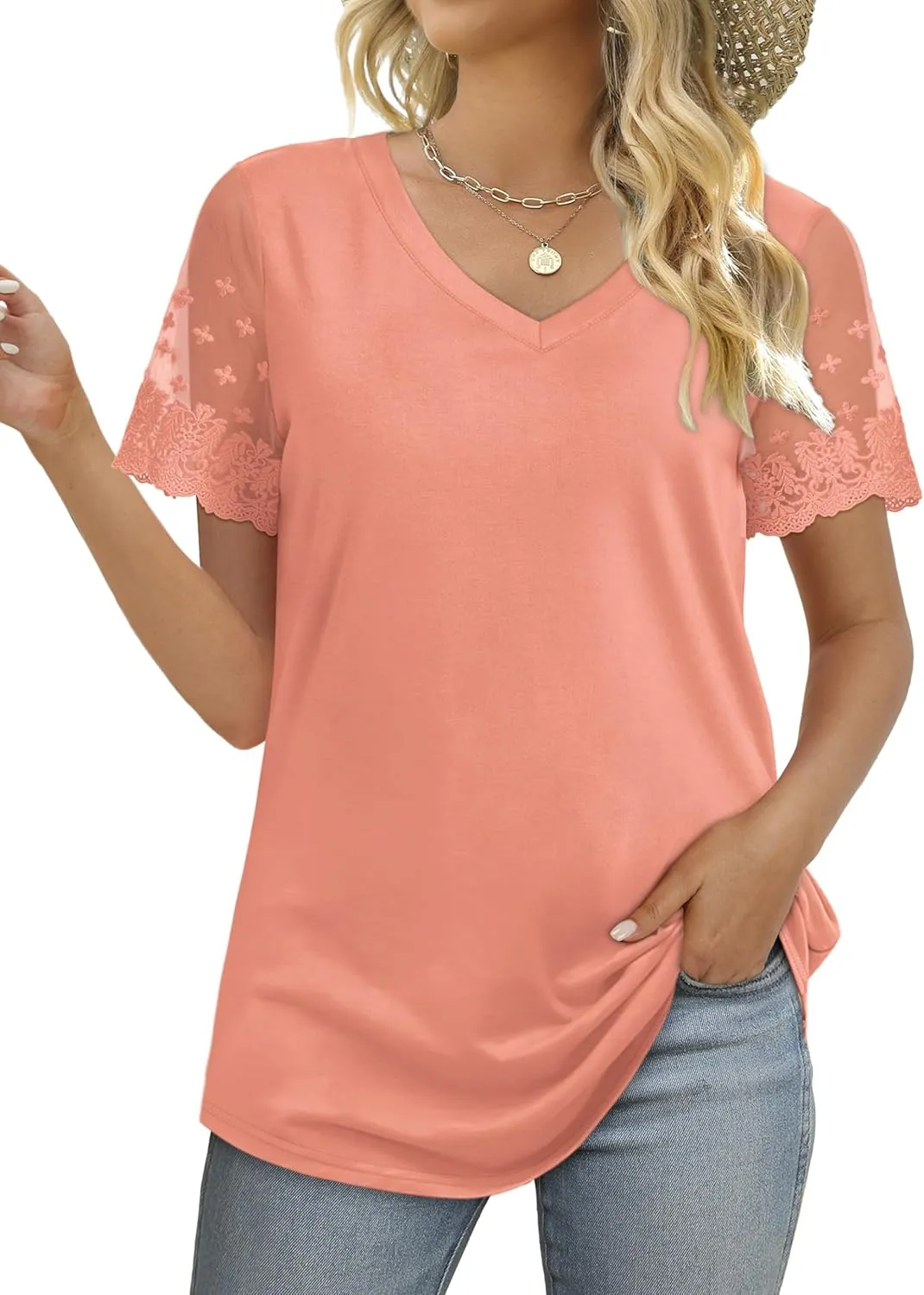 OFEEFAN Casual V Neck T Shirts for Women Lace Short Sleeve Curved Hem Tops Loose Fit