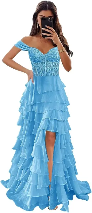 Off The Shoulder Prom Dresses for Women 2025 Long Lace Appliques Tiered Chiffon Formal Dress with Slit