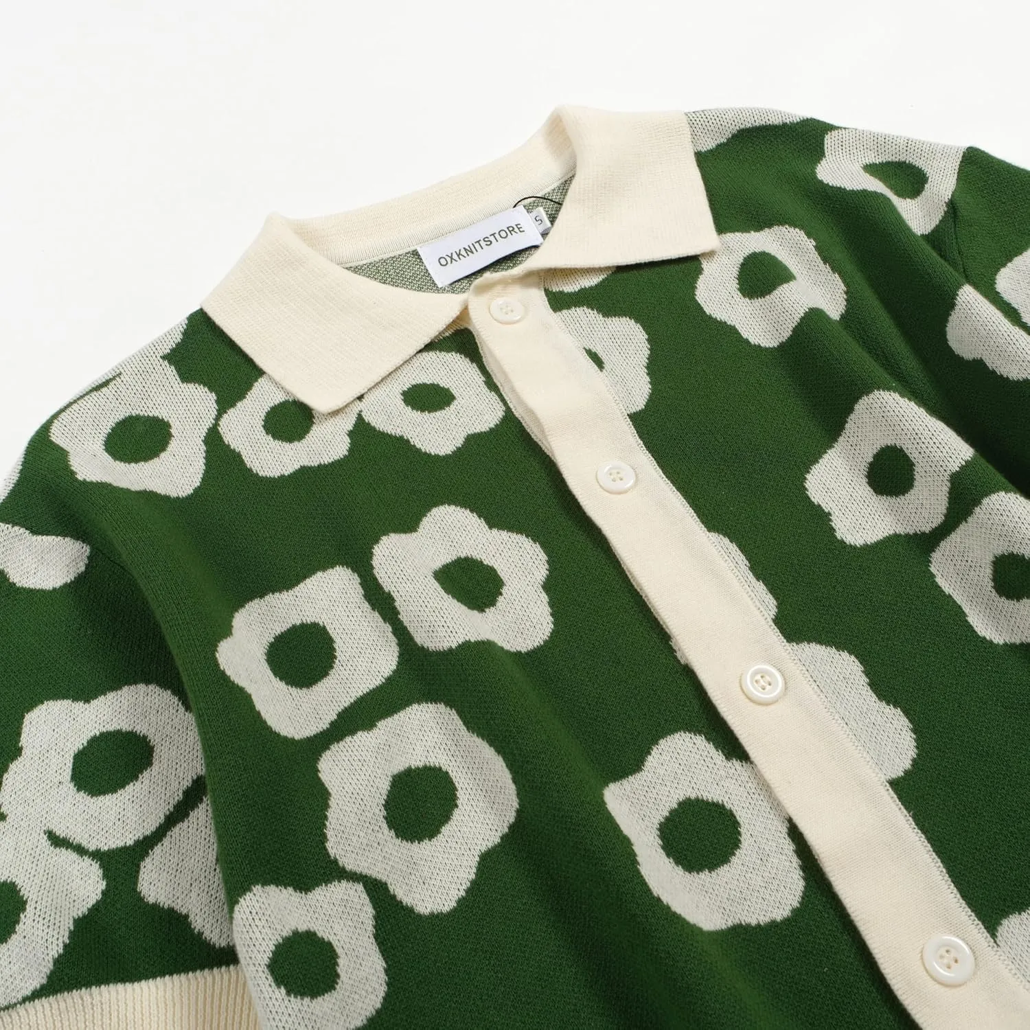 OXKNIT Mens Vintage Polo Shirts Casual Flower Pattern Knit Golf Polo Shirts Short Sleeve Jacquard Design