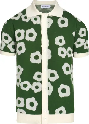 OXKNIT Mens Vintage Polo Shirts Casual Flower Pattern Knit Golf Polo Shirts Short Sleeve Jacquard Design