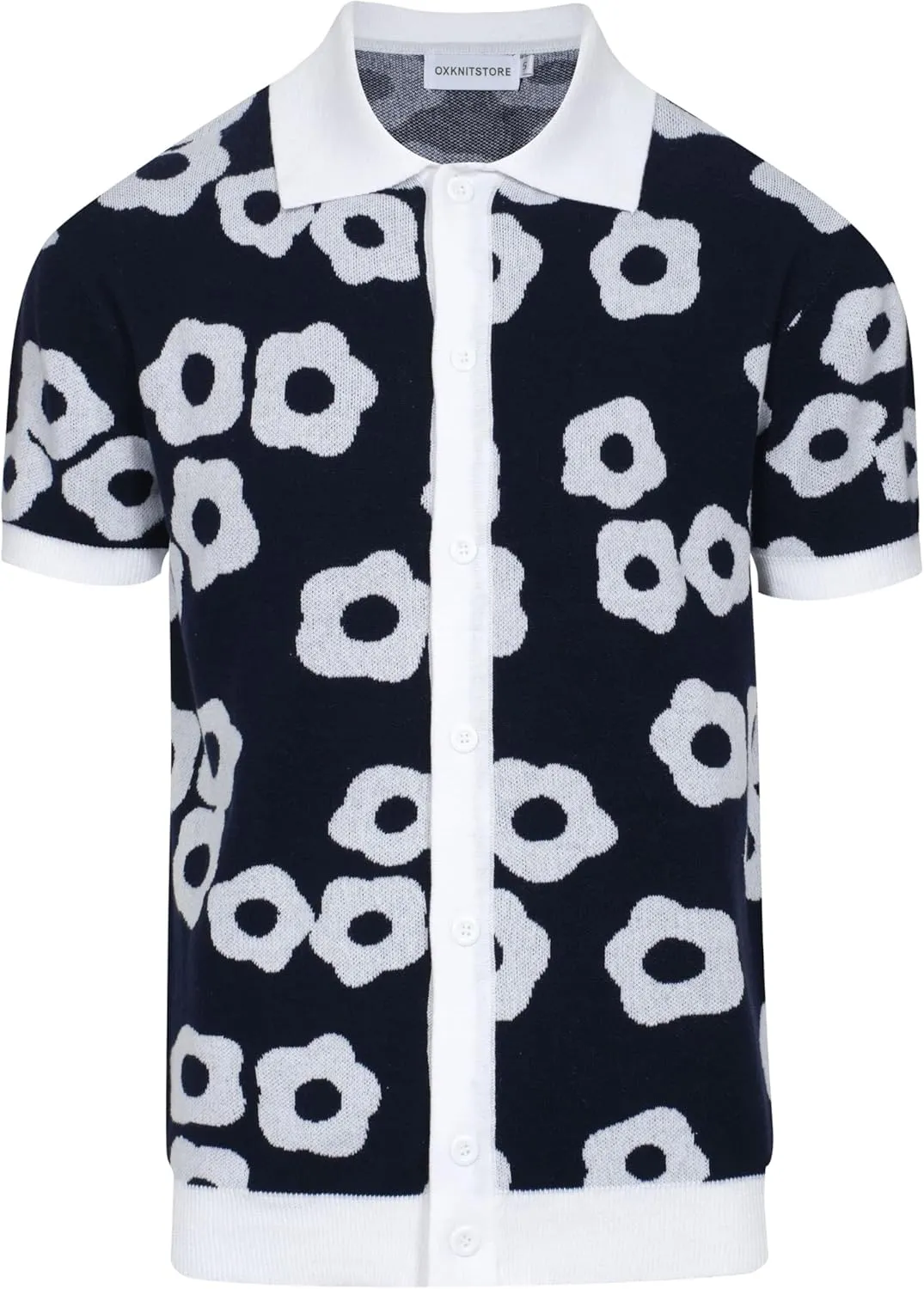 OXKNIT Mens Vintage Polo Shirts Casual Flower Pattern Knit Golf Polo Shirts Short Sleeve Jacquard Design