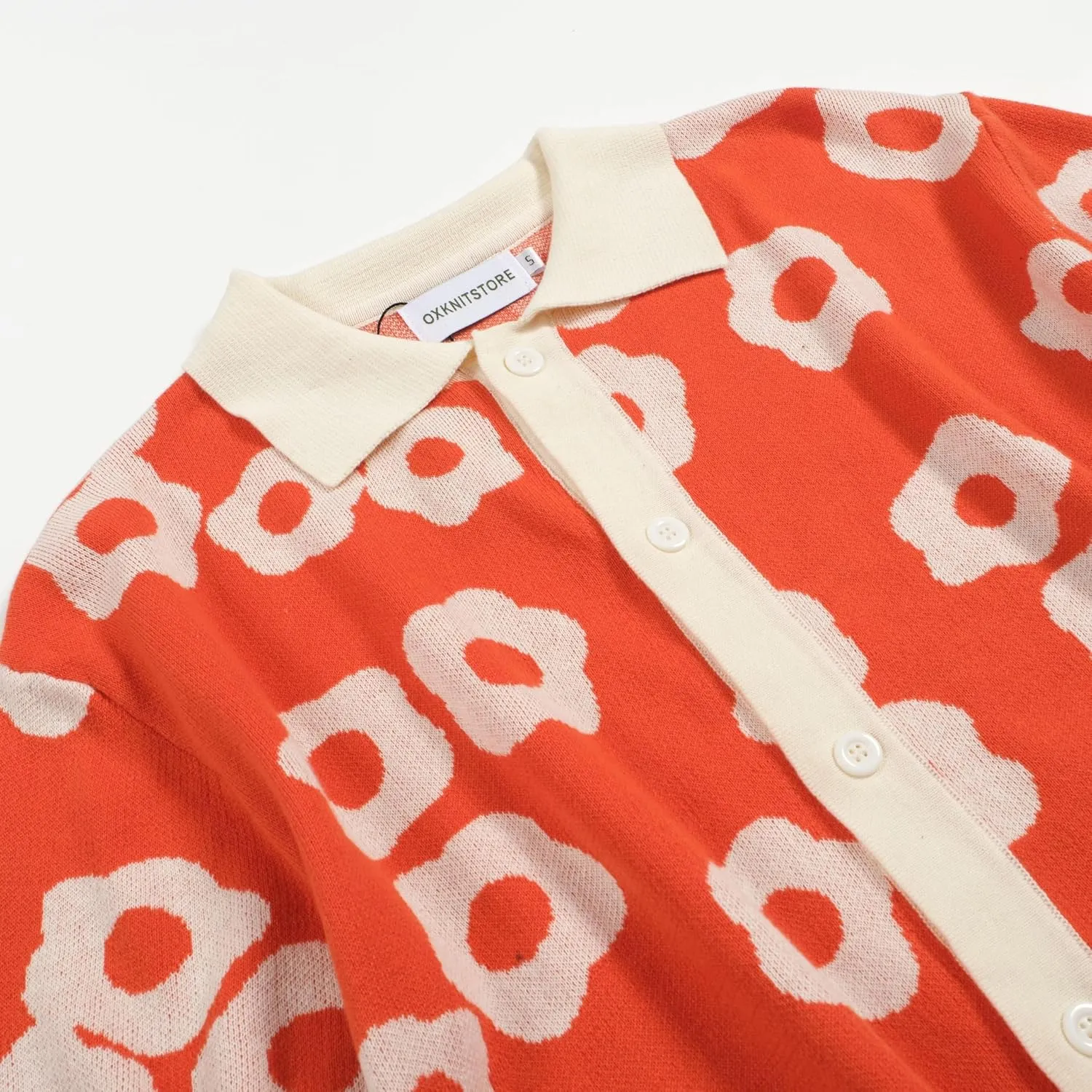 OXKNIT Mens Vintage Polo Shirts Casual Flower Pattern Knit Golf Polo Shirts Short Sleeve Jacquard Design