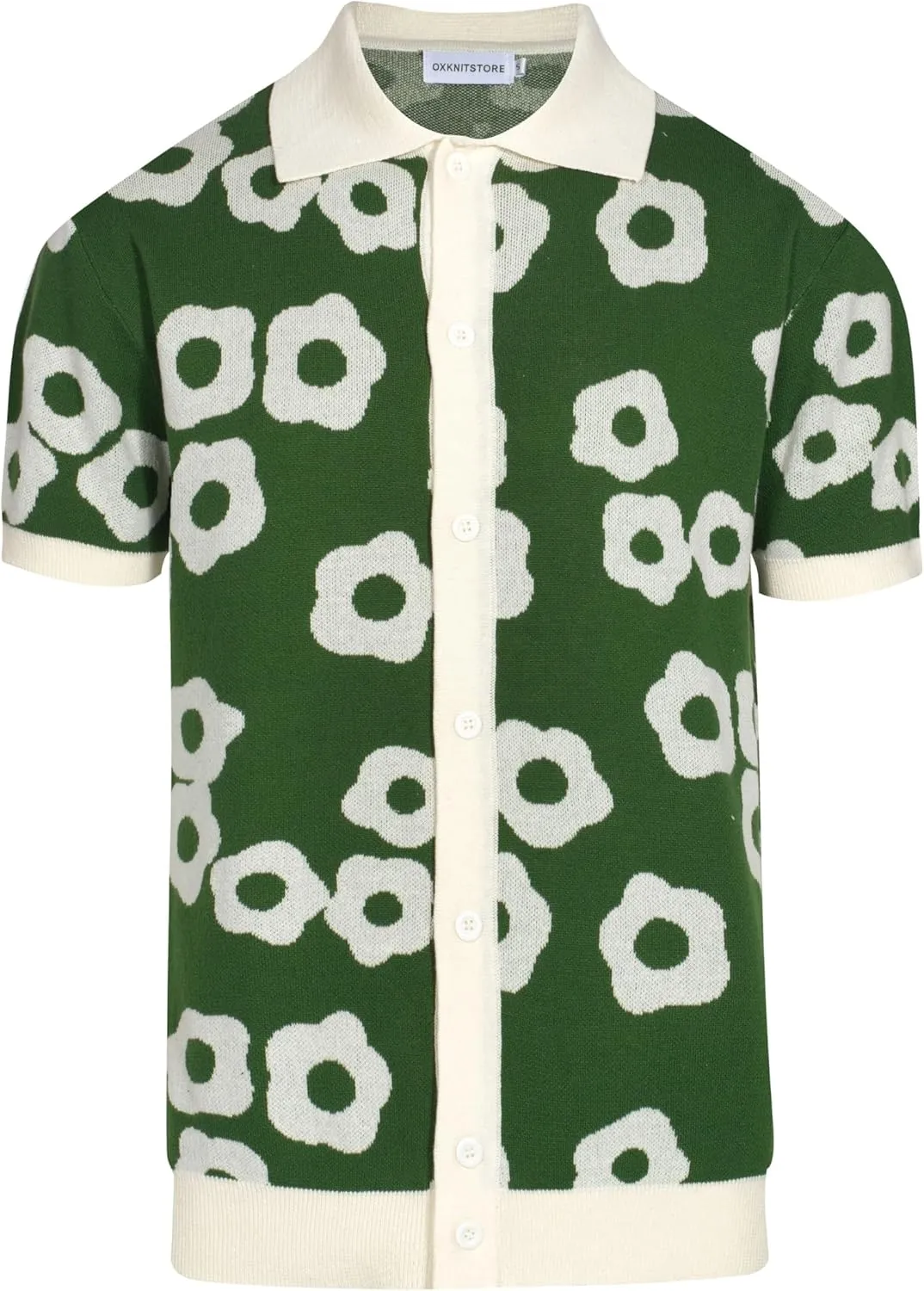 OXKNIT Mens Vintage Polo Shirts Casual Flower Pattern Knit Golf Polo Shirts Short Sleeve Jacquard Design