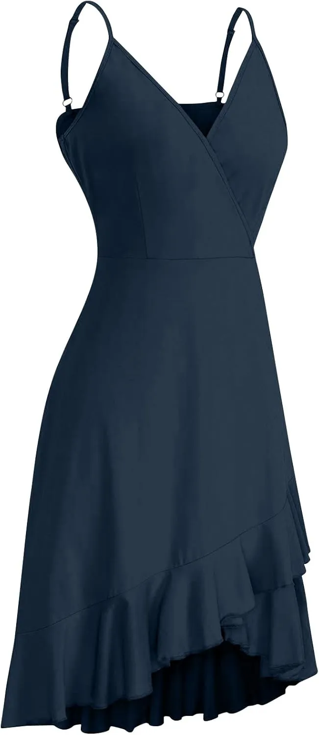 PETYCZEN Mini Dresses for Women Summer Sexy V Neck Sleeveless Wrap Slip Dress Casual Spaghetti Strap Ruffle Dress Sundresses