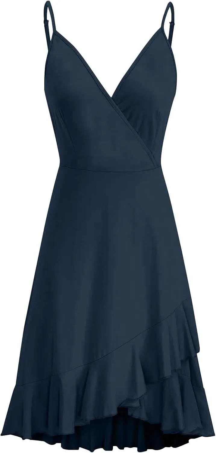 PETYCZEN Mini Dresses for Women Summer Sexy V Neck Sleeveless Wrap Slip Dress Casual Spaghetti Strap Ruffle Dress Sundresses
