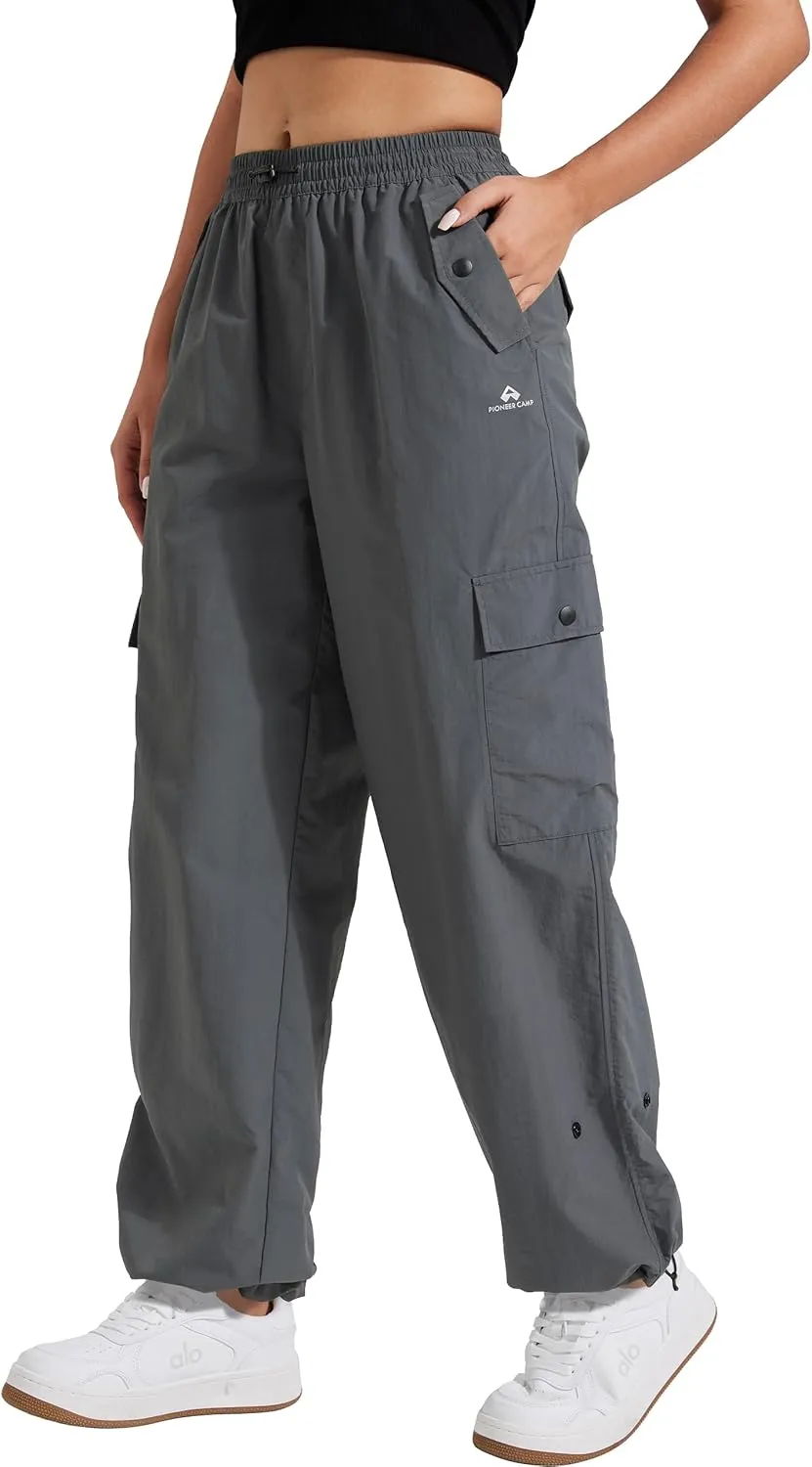 Pioneer Camp Womens Parachute Cargo Pants with Pockets Baggy High Waisted Quick Dry Hiking Pants Lightweight Wide Leg