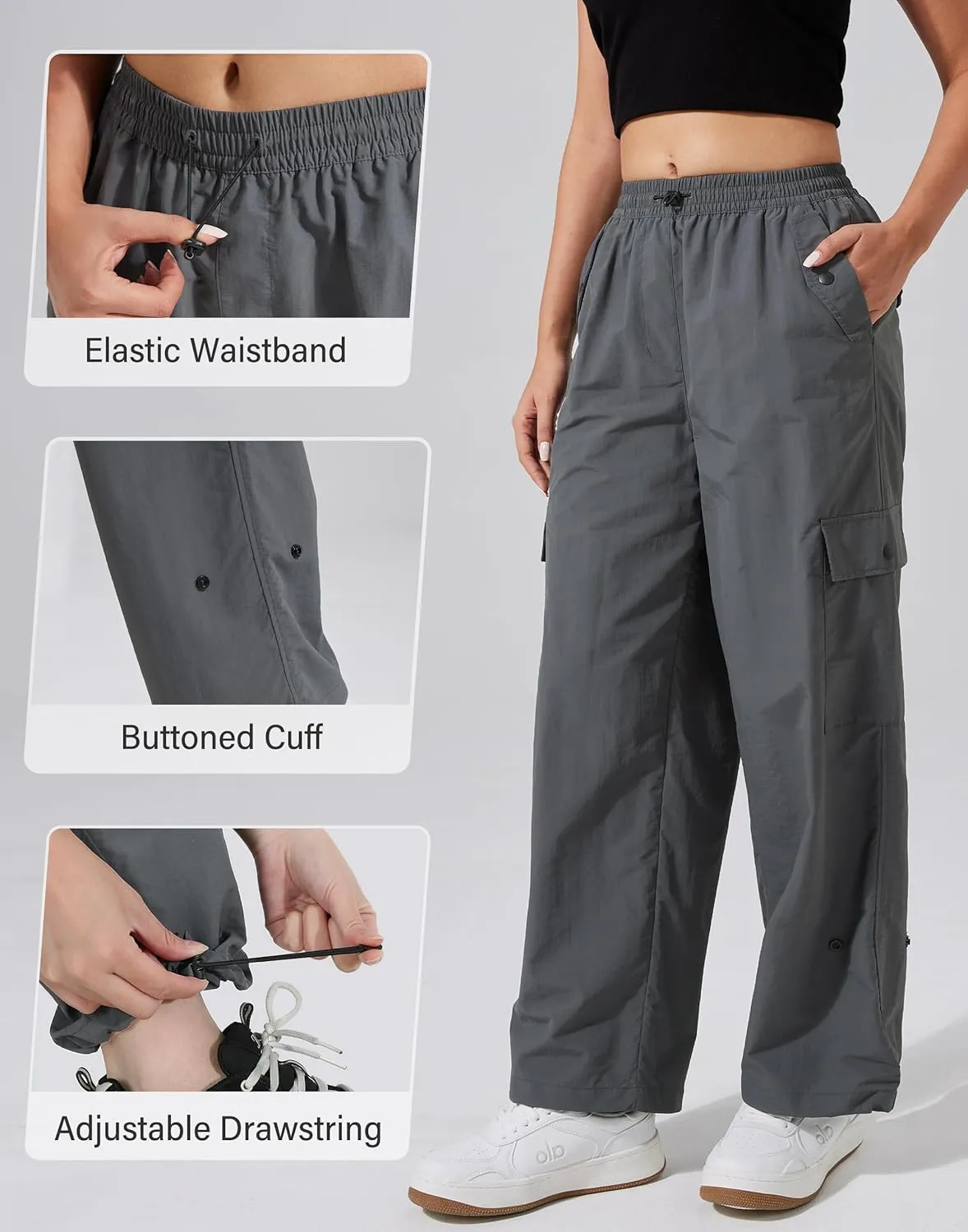 Pioneer Camp Womens Parachute Cargo Pants with Pockets Baggy High Waisted Quick Dry Hiking Pants Lightweight Wide Leg