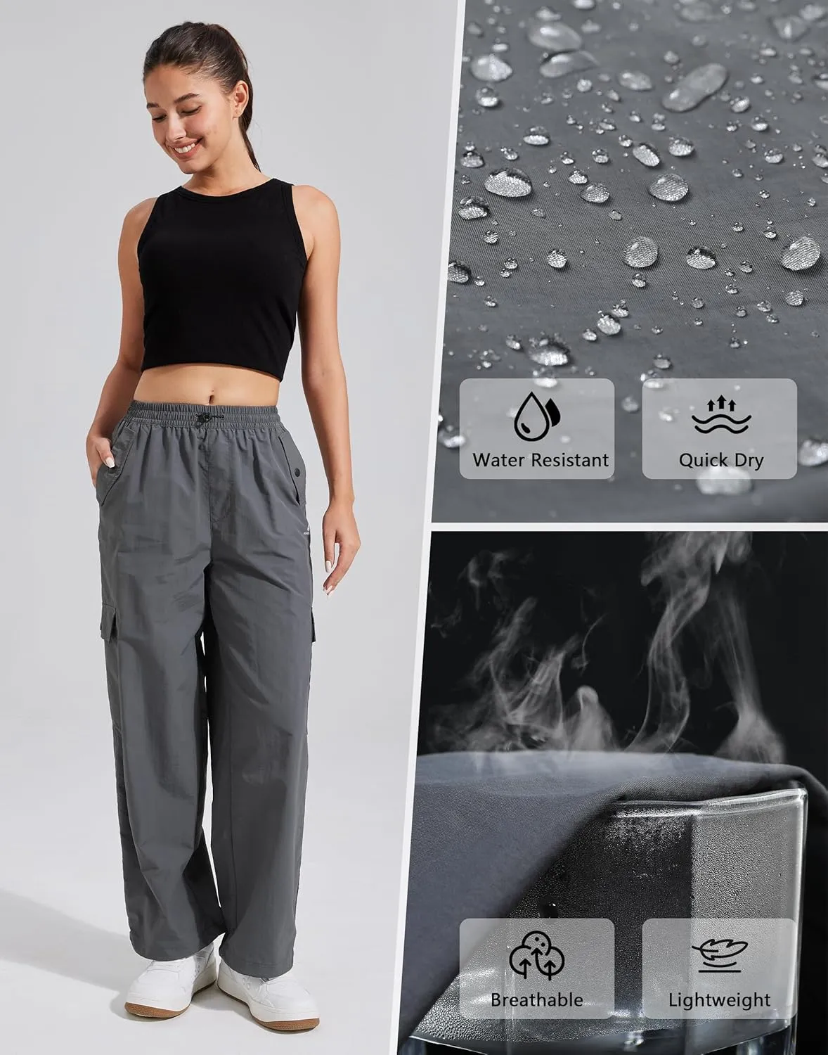 Pioneer Camp Womens Parachute Cargo Pants with Pockets Baggy High Waisted Quick Dry Hiking Pants Lightweight Wide Leg