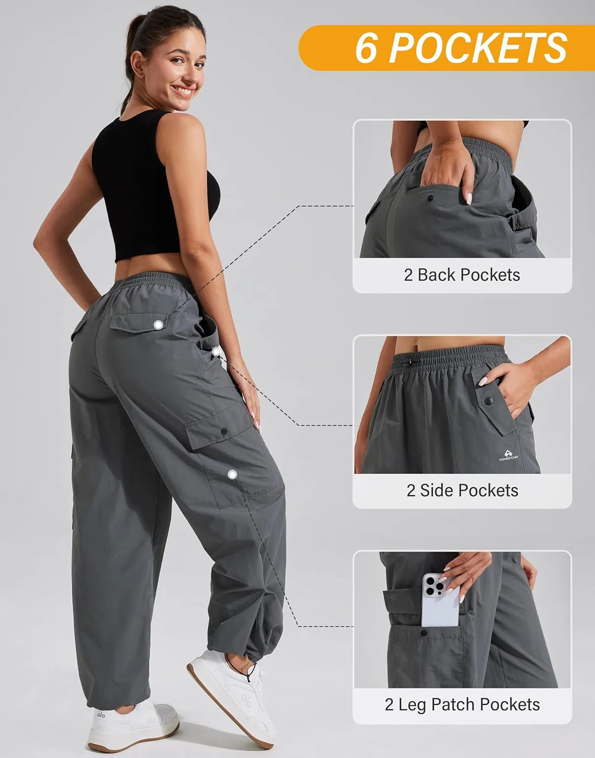 Pioneer Camp Womens Parachute Cargo Pants with Pockets Baggy High Waisted Quick Dry Hiking Pants Lightweight Wide Leg