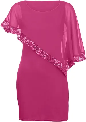 Plus Size Dresses for Curvy Women Sequin Splicing Strapless Chiffon Round Neck Cape Dress Bodycon Gown, S-5XL
