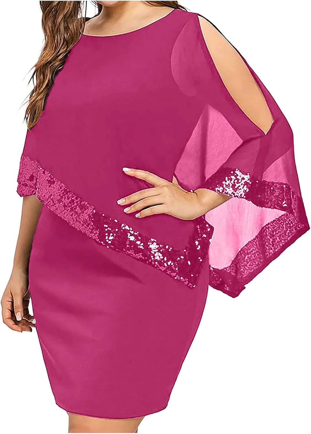 Plus Size Dresses for Curvy Women Sequin Splicing Strapless Chiffon Round Neck Cape Dress Bodycon Gown, S-5XL