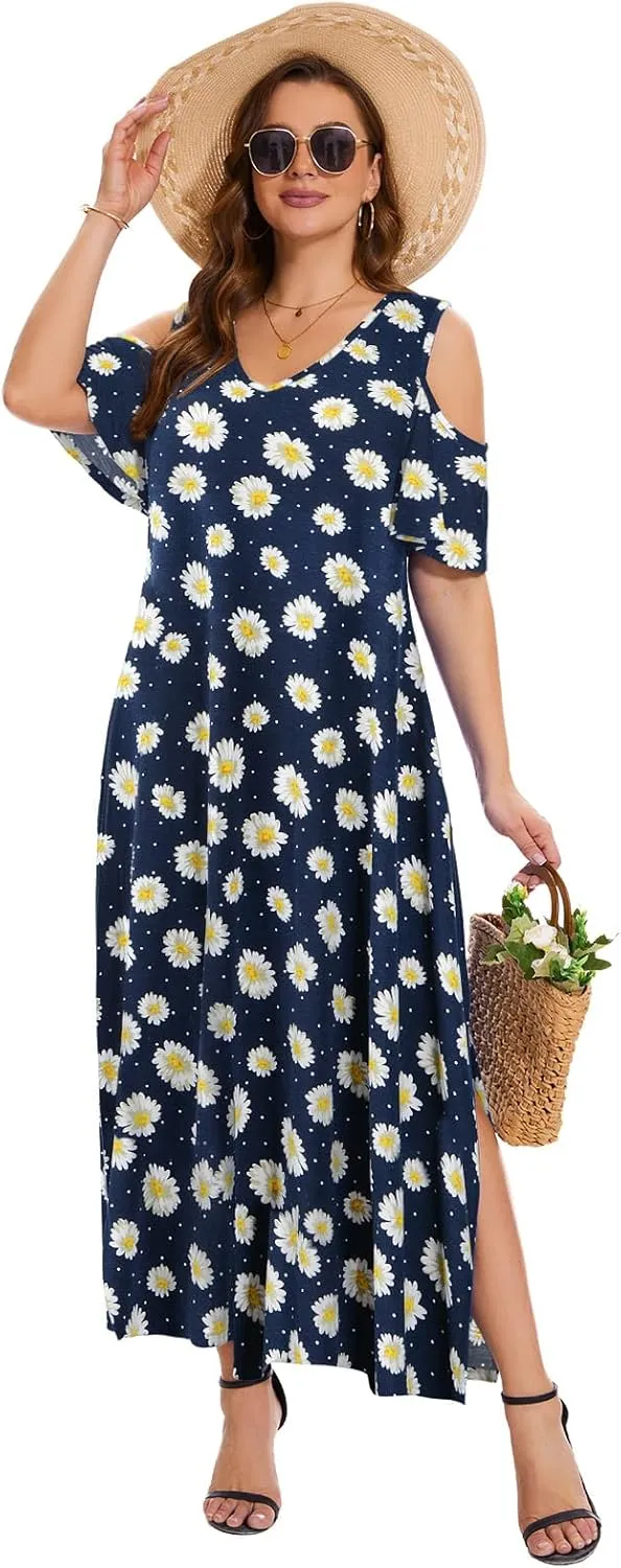 Plus Size Dresses for Women Summer V Neck Cold Shoulder Short Sleeve Split Long Beach Dresses with Pockets