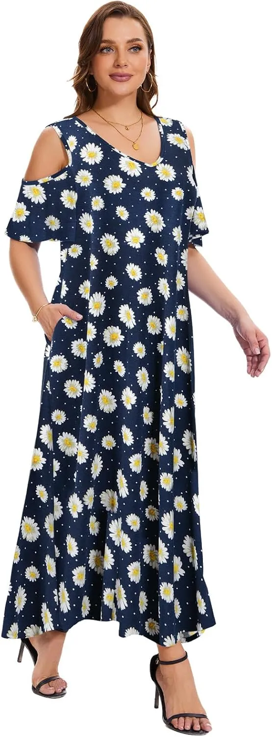 Plus Size Dresses for Women Summer V Neck Cold Shoulder Short Sleeve Split Long Beach Dresses with Pockets