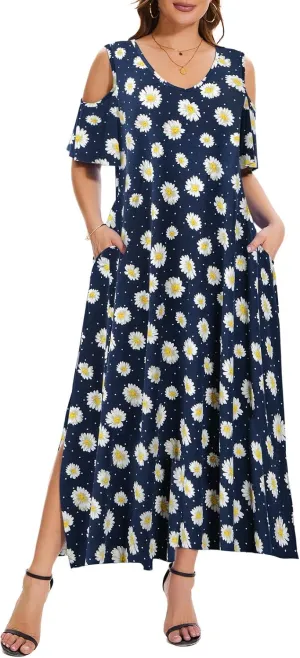 Plus Size Dresses for Women Summer V Neck Cold Shoulder Short Sleeve Split Long Beach Dresses with Pockets