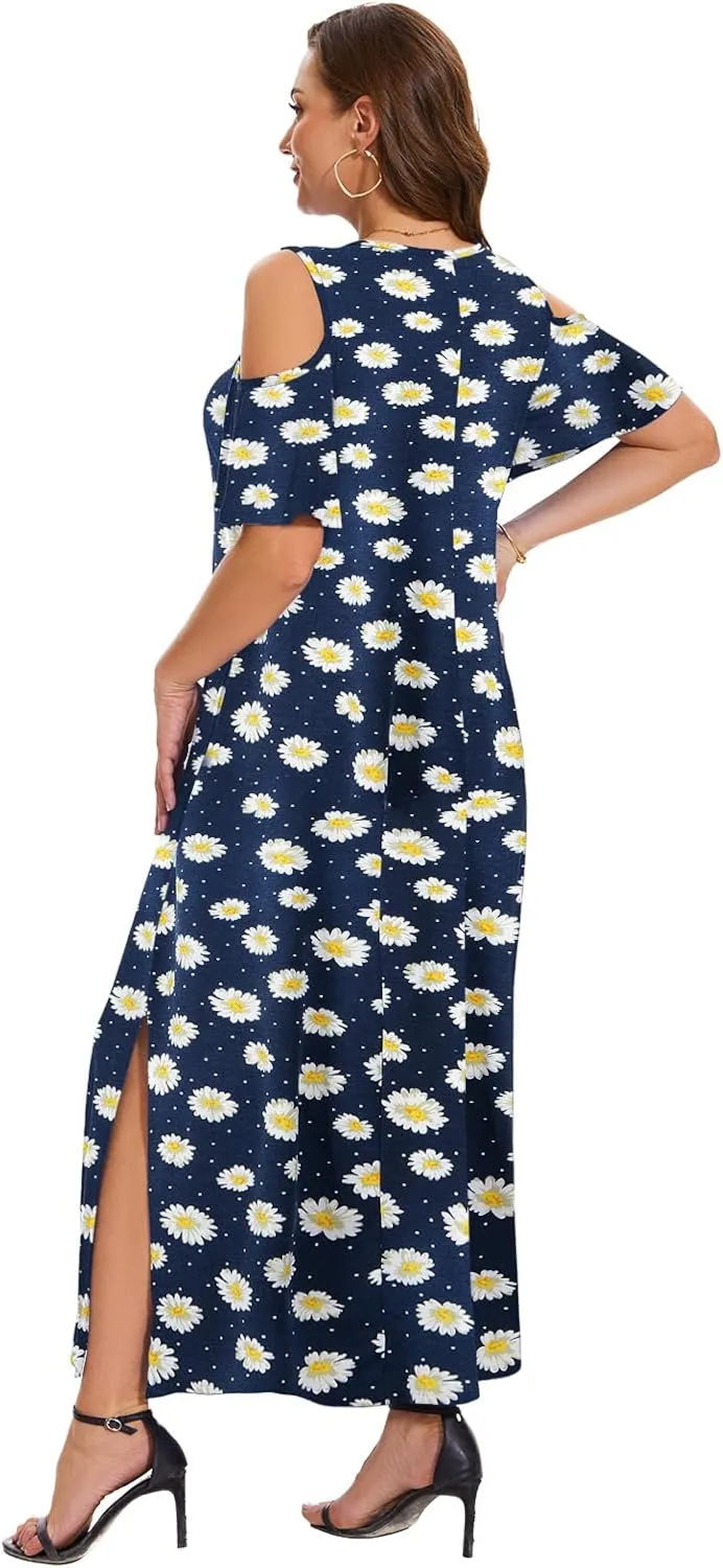 Plus Size Dresses for Women Summer V Neck Cold Shoulder Short Sleeve Split Long Beach Dresses with Pockets
