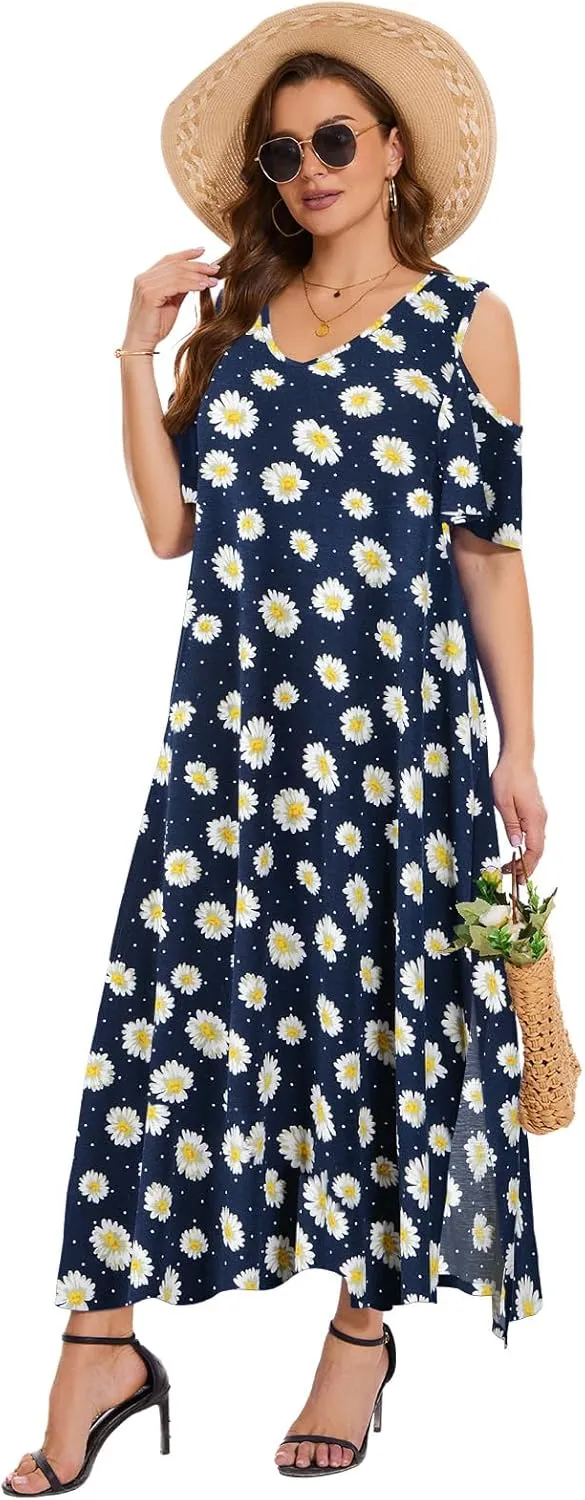 Plus Size Dresses for Women Summer V Neck Cold Shoulder Short Sleeve Split Long Beach Dresses with Pockets
