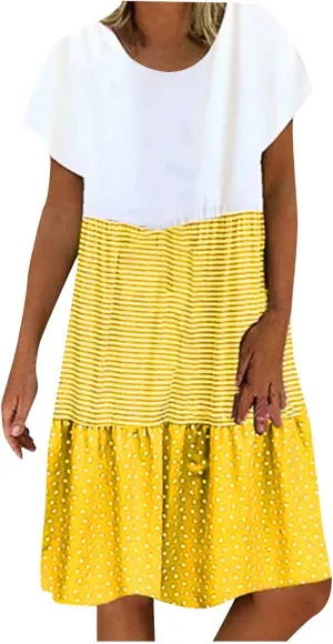 Plus Size Summer Dresses for Women 2024 Tiered Color Block Stripe Shift Dress Swing Casual Flowy Midi Sundresses