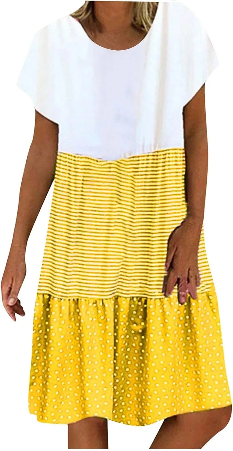 Plus Size Summer Dresses for Women 2024 Tiered Color Block Stripe Shift Dress Swing Casual Flowy Midi Sundresses