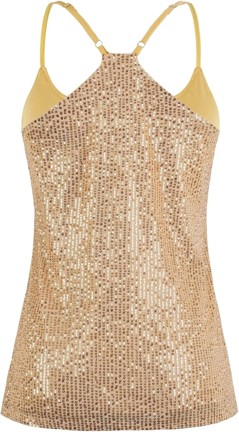 PrettyGuide Women's All Over Sequin Top Shimmer Strappy Camisole Sparkly Tank Tops Party Shirts